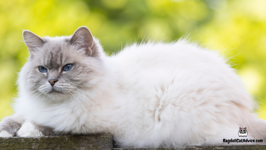 Lilac mitted ragdoll cat laying down