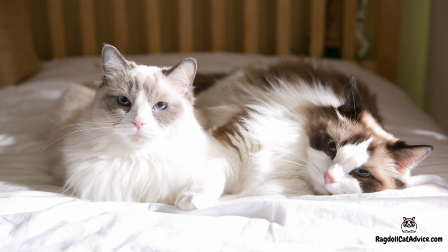 Two ragdoll cats laying together on a bed